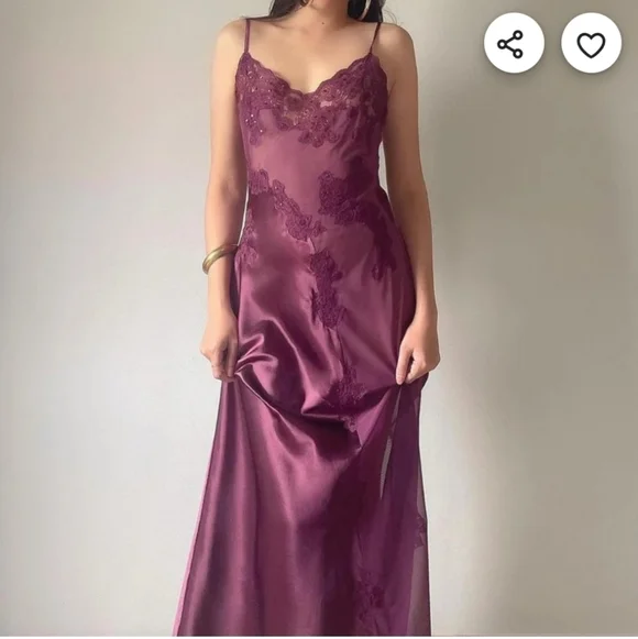 Vintage Romantic Dark Mulberry Satin Slip Gown Frederick's of Hollywood Large - Picture 2 of 12